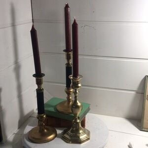 Vintage brass/black tall candle sticks. 3